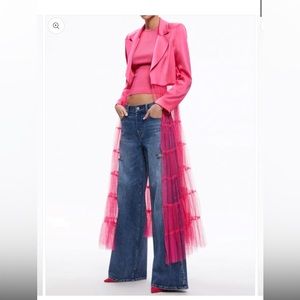 Pink Satin Long Jacket with Tulle Attachment